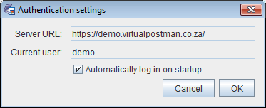 Authentication settings dialog